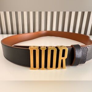 Dior Black and Tan Belt with Gold Logo sz 75